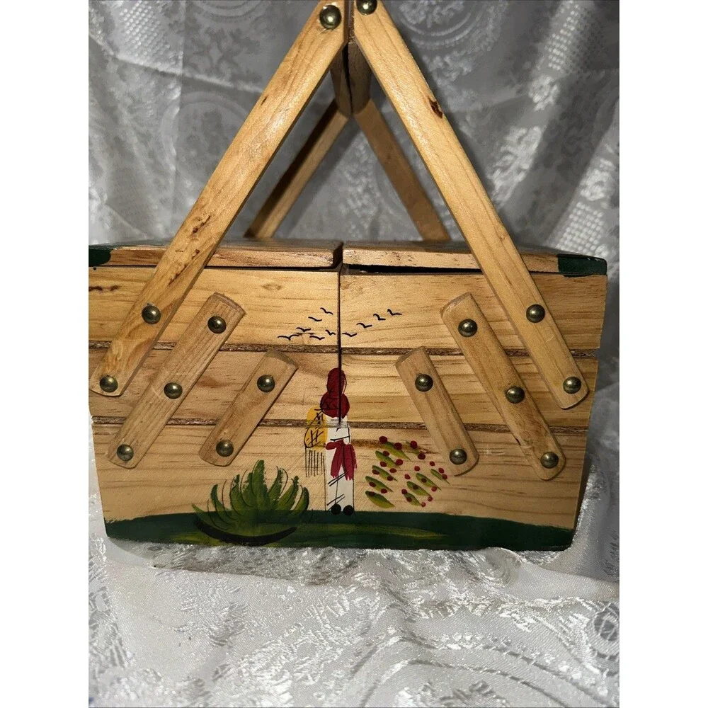VTG Wood Fold-Out Sewing Box Hand Painted Mexico Double Handle Small 3 Tier